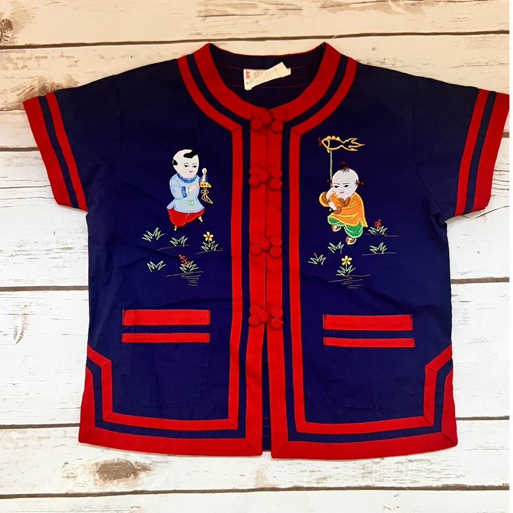 Golden Lion Traditional Embroidered Shirt Navy Red Frog Button Kids Size 2